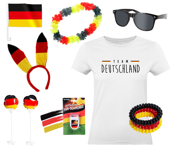 Fanpaket Deutschland T-Shirt Brille Haarreifen Schminke Hawaiikette Autoflagge Folienballon Haargummis