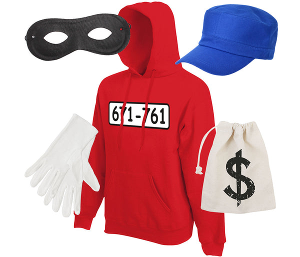 Panzerknacker Kostümset - Roter Hoodie mit Mütze, weißen Handschuhen, schwarzer Maske und Geldbeutel - Perfekt für Karneval, Fasching und Mottopartys