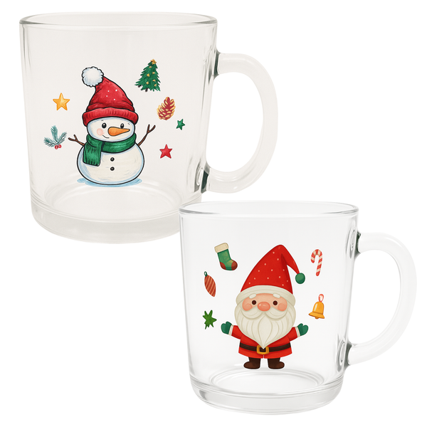 Weihnachtsbecher aus Glas mit Henkel | Trinkglas mit Schneemann- & Weihnachtsmann-Motiv | Festlicher Glühwein- & Kakaobecher | Weihnachtsgeschirr Geschenkidee für Familie & Freunde