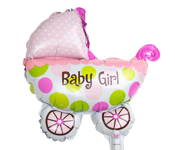 Baby Girl Ballon Deko Luftballon Rosa Babyparty Geburt Folienballon Heliumballon - mit Stick Durchmesser 34 cm, wiederbefüllbar