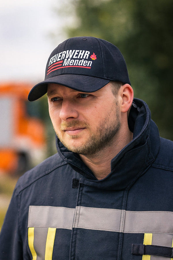 Feuerwehr Cap personalisiert mit Wunschtext oder Stadtname – Basecap in Navy, Schwarz oder Rot