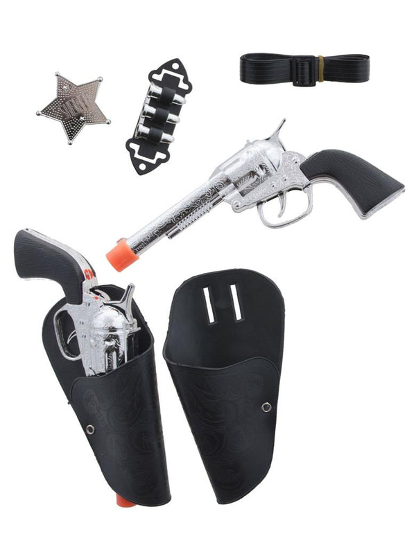 Cowboy Kostüm Set 4-teilig Kinder Jungen Gürtel Revolver Holster Sheriff Stern Zubehör Verkleidung Fasching Karneval