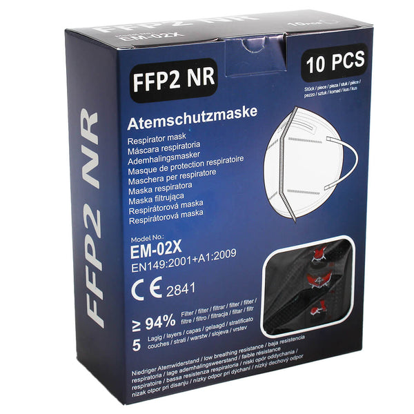 FFP2 Atemschutzmaske, geprüft und zertifiziert, 10 Stück in hygienischer Einzelverpackung, schwarz.