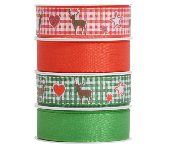 Weihnachtsschleifenband in Rot, Grün  -  ca. 25 mm x 3 m, 4-fach  Weihnachten Weihnachtsfest Geschenkband