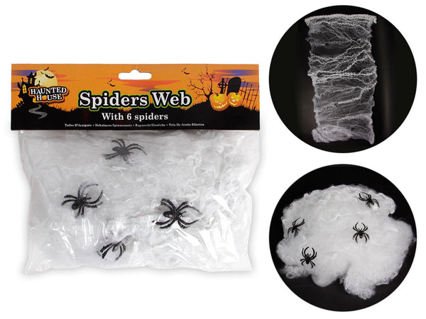 Spinnennetz mit 6 Spinnen Halloween Deko Spinnweben Horror Dekoartikel Kunst Spinnengewebe für Party Haus Garten Fenster Tür Grusel Dekoration