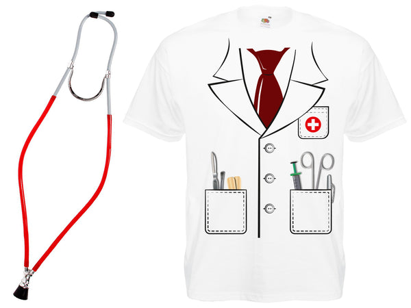 T-Shirt im Arztkittel-Stil mit rotem Stethoskop