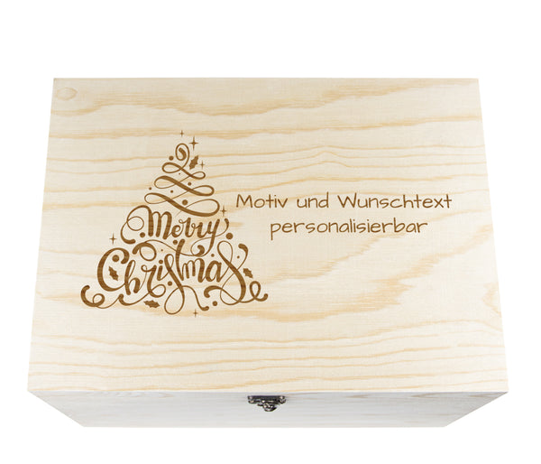 Geschenkbox Weihnachten Weihnachtsgeschenk personalisiert Personalisiertes Geschenk Holzkiste mit Gravur Holzbox Deckel Wunschtext