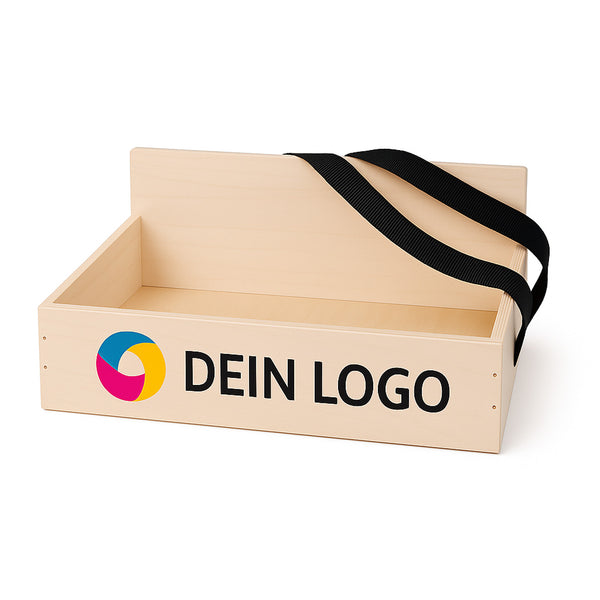 Bauchladen personalisiert mit Logo – Holz Bauchladen individuell bedruckt – DTF Druck in allen Farben – Verkaufskiste für JGA, Hochzeit, Party & Events – tragbare Holzbox mit Gurten