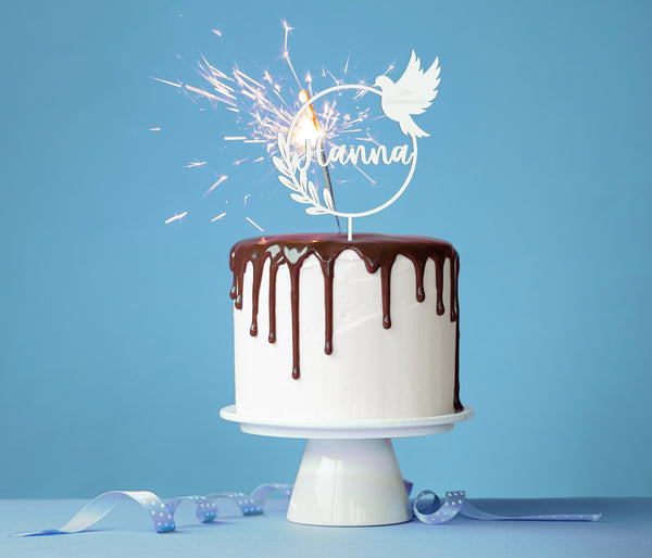 Cake Topper personalisiert mit Namen - Naturholz oder Plexiglas Dekoaccessoire Kuchen Torte zur Taufe, Kommunion