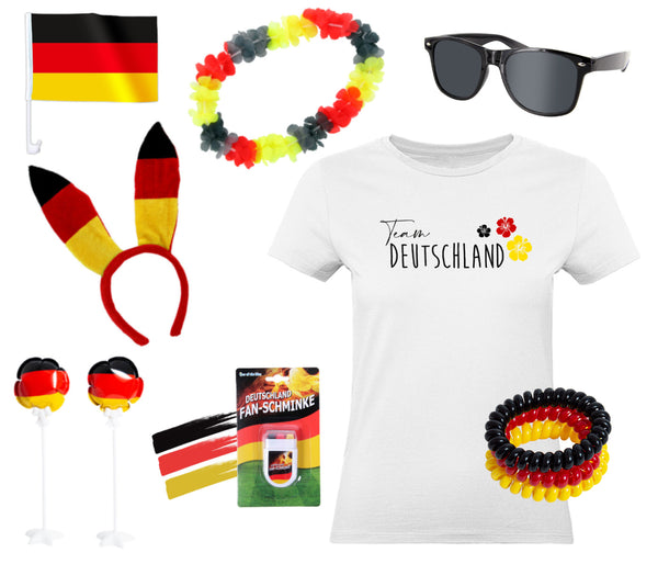 Fanpaket Deutschland T-Shirt Brille Haarreifen Schminke Hawaiikette Autoflagge Folienballon Haargummis