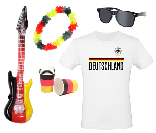 Fanpaket Deutschland Sonnenbrille, T-Shirt, , Hawaiikette, Becher und E-Gitarre aufblasbar