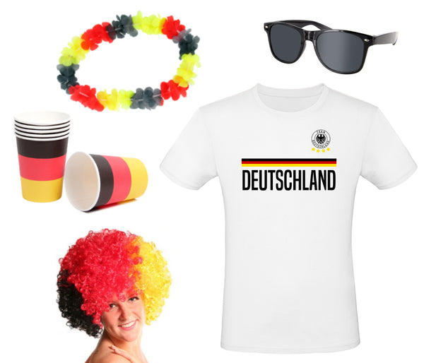 Fanpaket Deutschland Sonnenbrille Becher Perücke T-Shirt und Hawaiikette