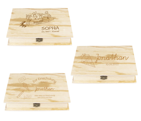 Holzkiste mit Deckel für die Einschulung - personalisiert Natur Aufbewahrungskiste Erinnerungsbox & Geschenkkiste