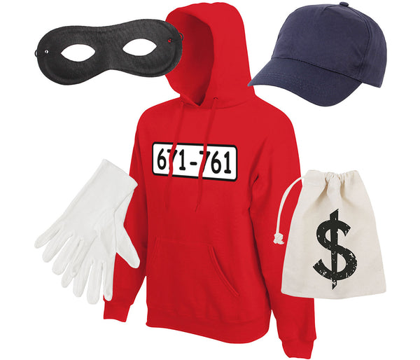 Panzerknacker Kostümset - Roter Hoodie mit Basecap, weißen Handschuhen, schwarzer Maske und Geldbeutel - Perfekt für Karneval, Fasching und Mottopartys