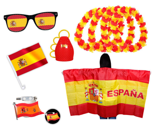 9 tlg. Alsino WM Fanpaket Spanien FP-09 Fanartikel Fussball Fanset Flaggenumhang Caxirola Brille