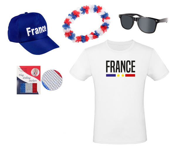 Fanpaket Frankreich Damen T-Shirt Brille Hawaiikette Kappe Sticker