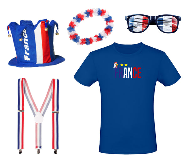 Fan Pack Frankreich T-Shirt Brille Hawaii Halskette Hosenträger Hut