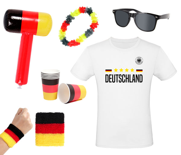 Fanpaket Deutschland Sonnenbrille Hammer T-Shirt Armband Becher und Hawaiikette