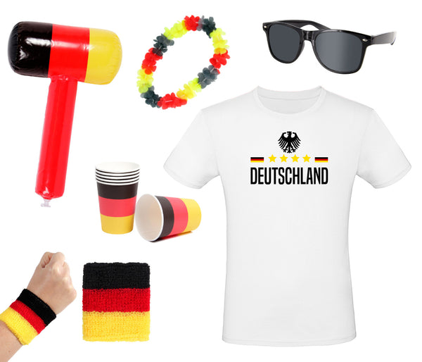 Fanpaket Deutschland Sonnenbrille Hammer T-Shirt Armband Becher und Hawaiikette