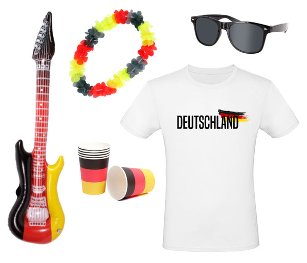 Fanpaket Deutschland Sonnenbrille E-Gitarre aufblasbar Becher T-Shirt und Hawaiikette