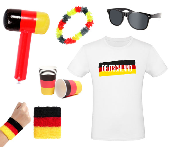 Fanpaket Deutschland Sonnenbrille, T-Shirt, Hammer,  Hawaiikette, Becher und Schweißband