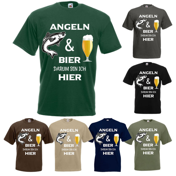 Angler T-Shirt Angel Shirt Angeln und Bier - Darum bin ich hier TShirt - Unisex, 100% Baumwolle
