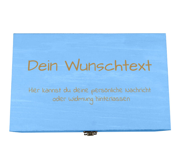 Holzkiste blau personalisierbar mit Gravur Geschenkbox Personalisiertes Geschenk Holzbox Deckel Aufbewahrungsbox Wunschtext
