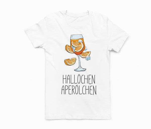Alsino Unisex T-Shirt Baumwolle Weiß Tshirt Hallöchen Aperölchen Motiv Karneval Fasching Party JGA Sommer Spruch Geschenk Gruppen