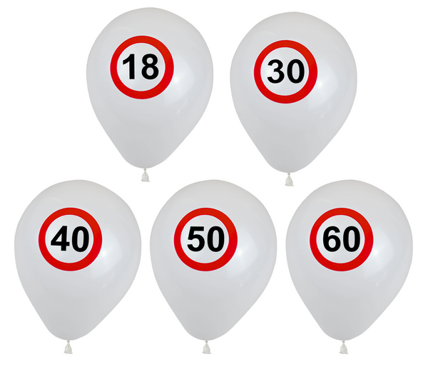 Jubiläums-, Geburtstags-, Führerschein-Ballon – weißer Party-Ballon mit Geschwindigkeitsbegrenzungs-Design – 18, 30, 40, 50, 60 Jahre.