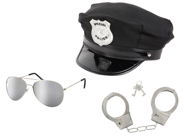 Polizei Cop Paket Polizeihut 174 + Pilotenbrille + Handschellen
