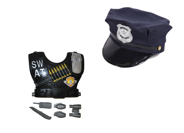 Kinder Polizei Outfit Kostüm Spielset - Authentische Kugelsichere Weste aus Kunststoff & Polizei Mütze