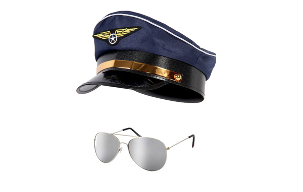 Piloten-Karnevalsset Pilotenmütze Sonnenbrille Flieger-Set Karneval Fasching für Erwachsene - Verstellbare Mütze mit Verspiegelter Aviator-Sonnenbrille