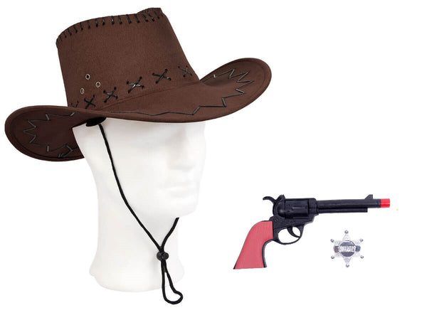 Cowboy Set mit Button, Revolver und Cowboyhut