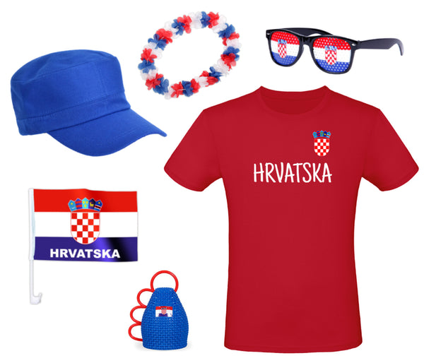 Fanpaket Kroatien T-Shirt Brille Autoflagge Hawaiikette Autoflagge Caxilrola Fanrassel Kappe