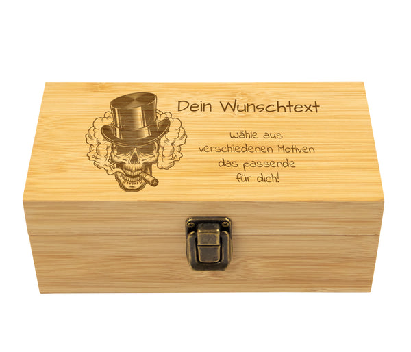 Stash Box personalisierbar Wunschname Premium Bambus Rollbox Holzbox Holzkiste für feinste Rolling Kräuter geruchsdicht verschließbar mit Fächern - 19x7,7x10 cm