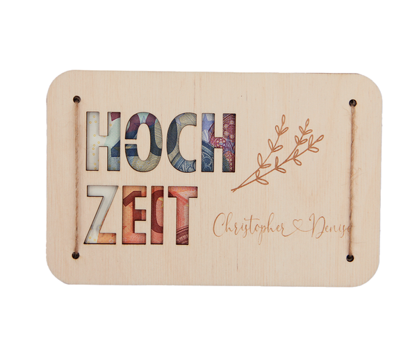 Alsino Premium Geldgeschenk Hochzeit personalisiert Hochzeitsgeschenk Geld aus Holz - originelle nachhaltige Verpackung - mit Kordel & Wunschnamen