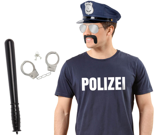 Polizei Kostüm T-Shirt mit Mütze Pilotenbrille Handschellen und Schlagstock Karneval Fasching Karnevalskostüm in Blau für Erwachsene Unisex