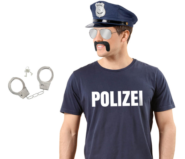 Polizei Kostüm T-Shirt mit Mütze Pilotenbrille und Handschellen Verkleidung Karneval Fasching Karnevalskostüm in Blau für Erwachsene Unisex