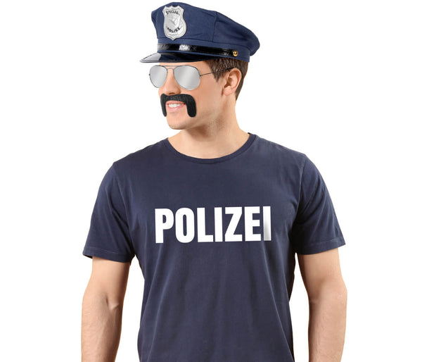 Polizei Kostüm T-Shirt mit Mütze Brille und Schnurrbart Verkleidung Karneval Fasching Karnevalskostüm in Blau Faschingskostüm für Erwachsene Unisex
