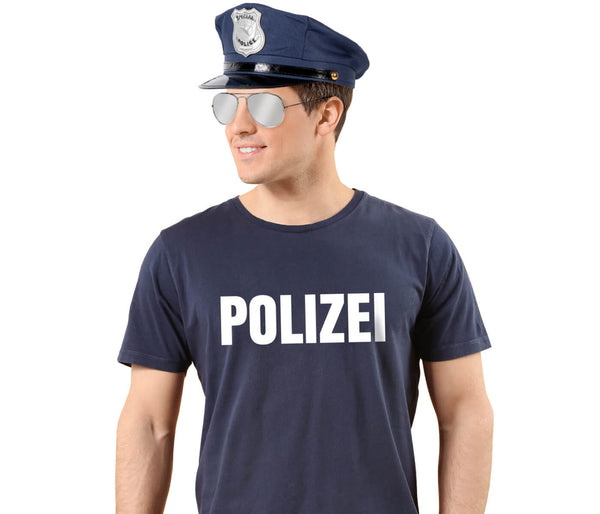 Polizei Kostüm T-Shirt mit Mütze und Brille Verkleidung Karneval Fasching Karnevalskostüm in Blau Faschingskostüm für Erwachsene Unisex