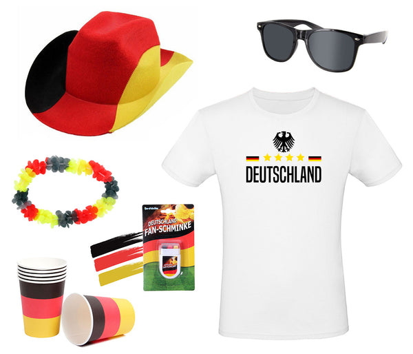 Fanpaket Deutschland Sonnenbrille T-Shirt Schminke Becher Cowboyhut und Hawaiikette