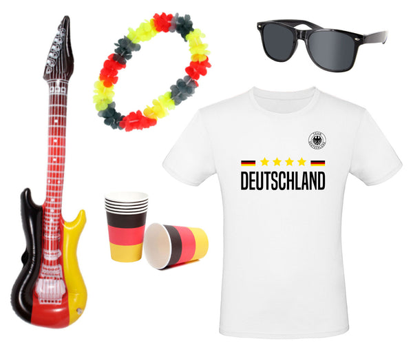 Fanpaket Deutschland Sonnenbrille, T-Shirt, , Hawaiikette, Becher und E-Gitarre aufblasbar