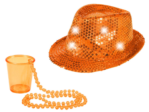 LED Trillbilly Pailetten Partyhut One Size mit Schnapsglas Shots Pinnchen Orange