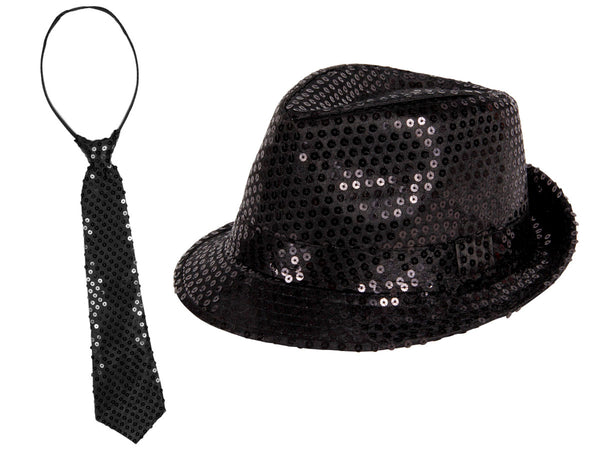 Pailletten Krawatte und Trilby Hut Set Glitzer Kostüm Accessoire für Damen Herren Unisex Karneval Fasching Party Mottoparty Bühne Tanz Club Festival