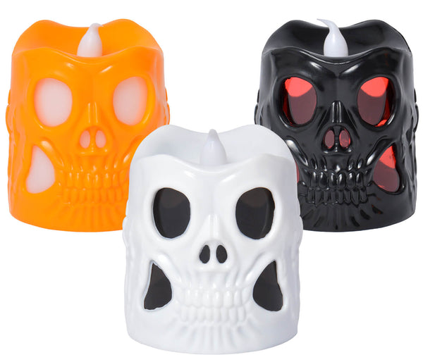 Halloween-Teelicht flammenlos (3er Set) Totenkopfteelicht 6 cm hoch / 5 cm breite -  Batteriebetrieben mit Bunter Flamme geeignet für jede Party