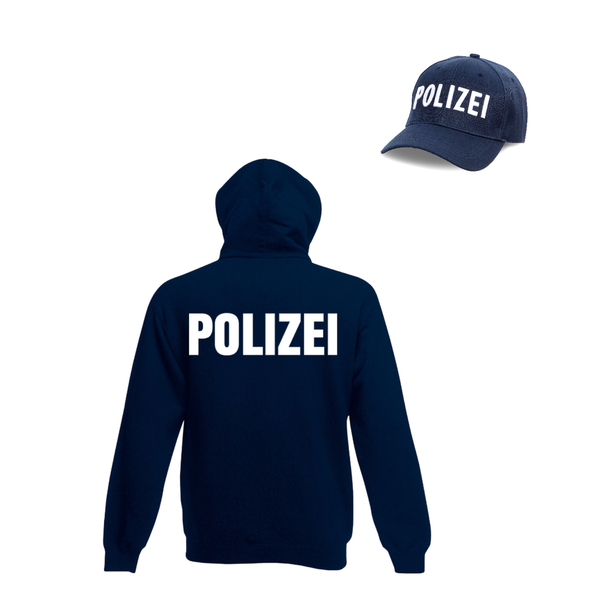 Polizei-Outfit-Set Kv-274 für Karneval & Fasching Kapuzenpullover Hoodie & Basecap mit Polizei-Aufschrift, Unisex