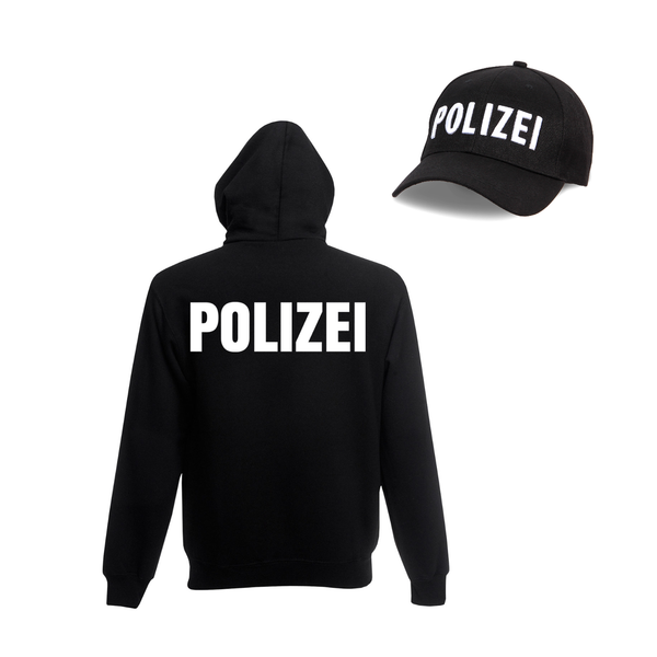 Polizei-Outfit-Set Kv-275 für Karneval & Fasching Kapuzenpullover Hoodie & Basecap mit Polizei-Aufschrift, Unisex