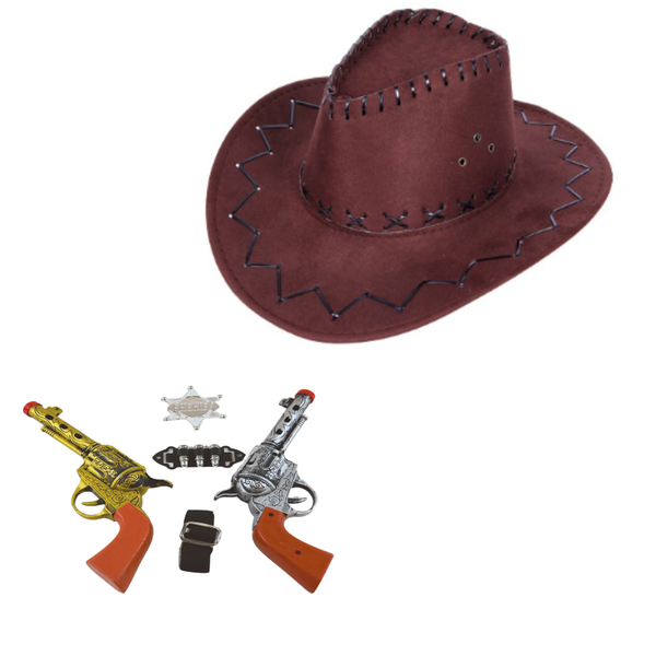 Cowboyhut braun Set KV-276 mit Revolver in gold und silber - Karneval Fasching Mottoparty Outfit Sheriff-Stern Munition und Gürtel