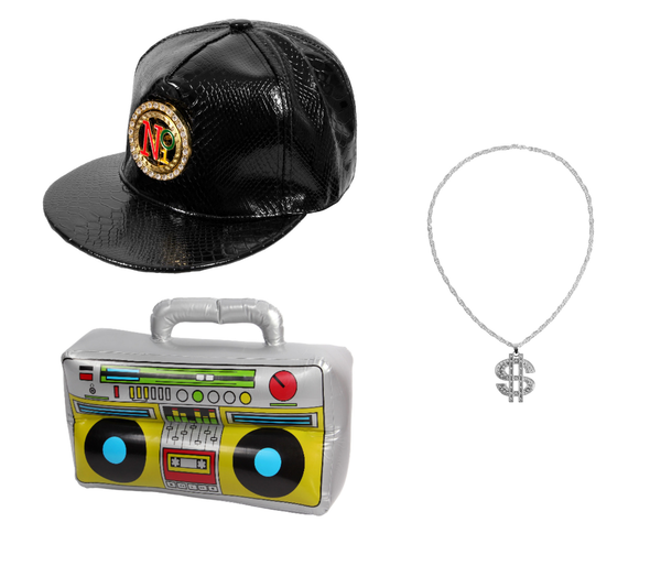 Rapper Kostüm Set Kv-278 für Karneval & Fasching: Schwarze Snapback, Dollarzeichen-Halskette & Aufblasbarer Ghettoblaster