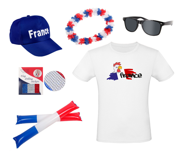 Fanpaket Frankreich T-Shirt Brille Hawaiikette Kappe Schweißband Sticker